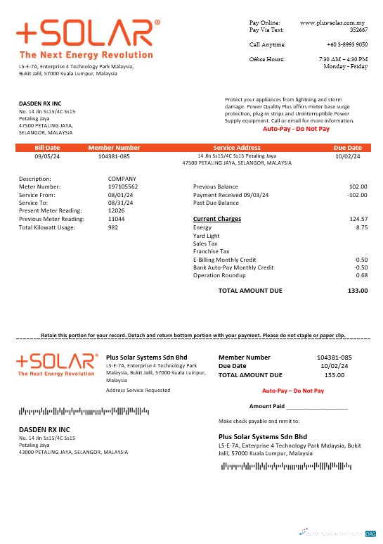 Malaysia Plus Solar Systems Sdn Bhd business utility bill template in Word and PDF formats